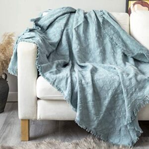 sofila 100% cotton rustic throw blanket with fringe farmhouse soft warm for sofa bed couch decorative, 50 x 65 inches, aqua blue