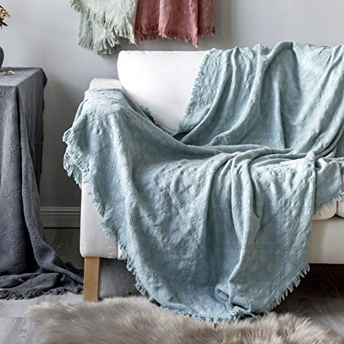 Sofila 100% Cotton Rustic Throw Blanket with Fringe Farmhouse Soft Warm for Sofa Bed Couch Decorative, 50 x 65 Inches, Aqua Blue