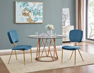 iconic home chrissy dining side chair velvet upholstered half back and seat solid gold tone metal legs (set of 2) modern contemporary, blue