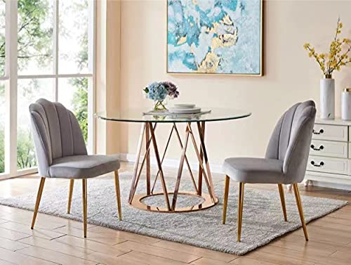 Iconic Home Chelsea Dining Side Chair Vertical Channel Quilted Velvet Upholstered Crown Top Back and Seat Solid Gold Tone Metal Legs (Set of 2) Modern Contemporary, Grey