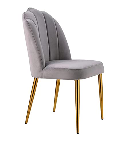 Iconic Home Chelsea Dining Side Chair Vertical Channel Quilted Velvet Upholstered Crown Top Back and Seat Solid Gold Tone Metal Legs (Set of 2) Modern Contemporary, Grey