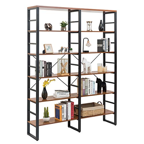 Tangkula Bookshelves and Bookcases, 80 Inch Double Wide 6 Tier Bookshelf, Industrial Vintage Large Etagere Bookshelf, Open Display Shelves with Metal Frame for Home Office (60'' L x 13.5'' W x 80" H)