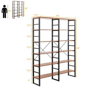 Tangkula Bookshelves and Bookcases, 80 Inch Double Wide 6 Tier Bookshelf, Industrial Vintage Large Etagere Bookshelf, Open Display Shelves with Metal Frame for Home Office (60'' L x 13.5'' W x 80" H)