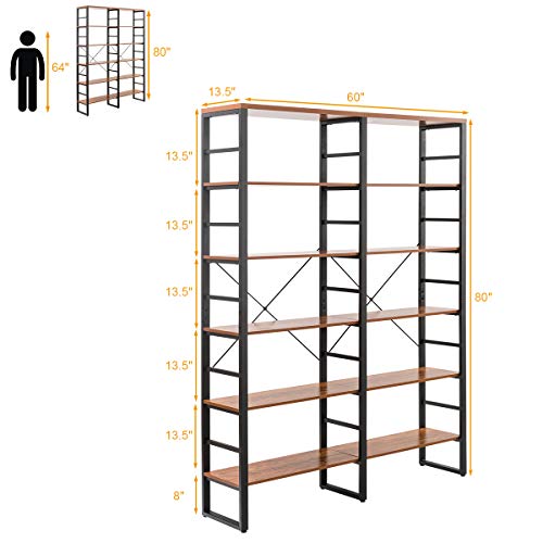 Tangkula Bookshelves and Bookcases, 80 Inch Double Wide 6 Tier Bookshelf, Industrial Vintage Large Etagere Bookshelf, Open Display Shelves with Metal Frame for Home Office (60'' L x 13.5'' W x 80" H)