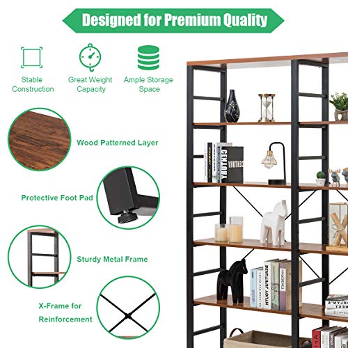 Tangkula Bookshelves and Bookcases, 80 Inch Double Wide 6 Tier Bookshelf, Industrial Vintage Large Etagere Bookshelf, Open Display Shelves with Metal Frame for Home Office (60'' L x 13.5'' W x 80" H)