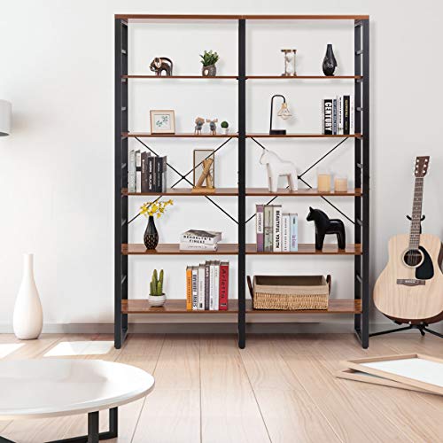 Tangkula Bookshelves and Bookcases, 80 Inch Double Wide 6 Tier Bookshelf, Industrial Vintage Large Etagere Bookshelf, Open Display Shelves with Metal Frame for Home Office (60'' L x 13.5'' W x 80" H)