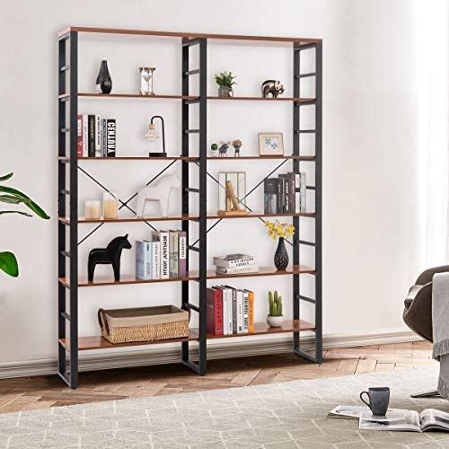 Tangkula Bookshelves and Bookcases, 80 Inch Double Wide 6 Tier Bookshelf, Industrial Vintage Large Etagere Bookshelf, Open Display Shelves with Metal Frame for Home Office (60'' L x 13.5'' W x 80" H)