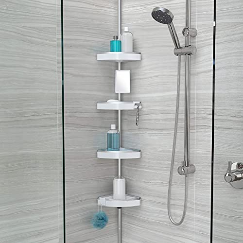 Better Living Making Life A Little Easier HiRISE 4 Corner Standing Shower Caddy 9 Foot Tension Pole Rust Proof Aluminum Shower Organizer with Adjustable Baskets and Bonus Fog Resistant Mirror, White