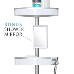 Better Living Making Life A Little Easier HiRISE 4 Corner Standing Shower Caddy 9 Foot Tension Pole Rust Proof Aluminum Shower Organizer with Adjustable Baskets and Bonus Fog Resistant Mirror, White