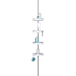 Better Living Making Life A Little Easier HiRISE 4 Corner Standing Shower Caddy 9 Foot Tension Pole Rust Proof Aluminum Shower Organizer with Adjustable Baskets and Bonus Fog Resistant Mirror, White