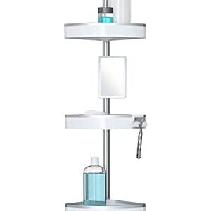 Better Living Making Life A Little Easier HiRISE 4 Corner Standing Shower Caddy 9 Foot Tension Pole Rust Proof Aluminum Shower Organizer with Adjustable Baskets and Bonus Fog Resistant Mirror, White