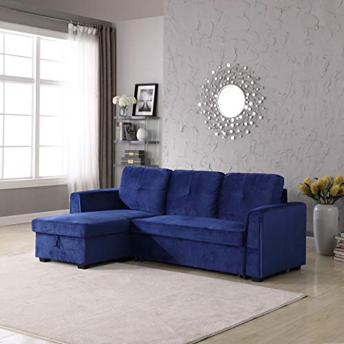 Velvet Storage Reversible Sectional Sofa bed Sleeper Velvet Chaise Storage Reversible Sofa Bed Sleeper Sectional, 91", Blue