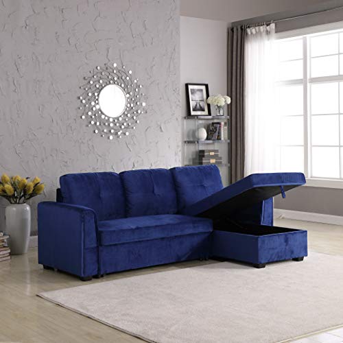 Velvet Storage Reversible Sectional Sofa bed Sleeper Velvet Chaise Storage Reversible Sofa Bed Sleeper Sectional, 91", Blue