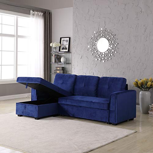 Velvet Storage Reversible Sectional Sofa bed Sleeper Velvet Chaise Storage Reversible Sofa Bed Sleeper Sectional, 91", Blue