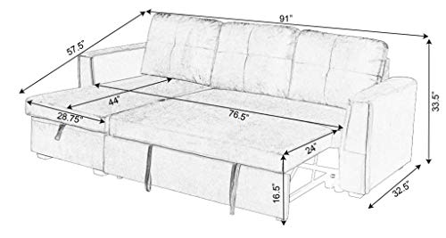 Velvet Storage Reversible Sectional Sofa bed Sleeper Velvet Chaise Storage Reversible Sofa Bed Sleeper Sectional, 91", Blue