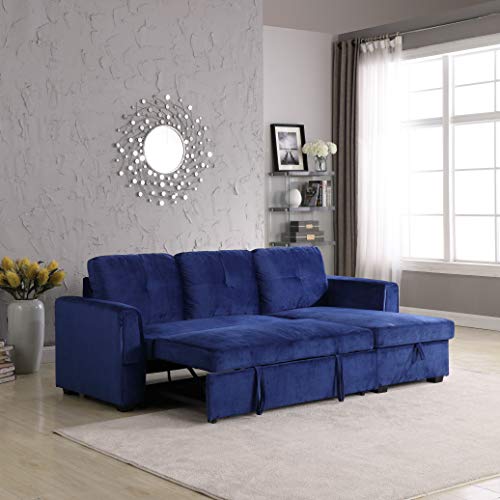 Velvet Storage Reversible Sectional Sofa bed Sleeper Velvet Chaise Storage Reversible Sofa Bed Sleeper Sectional, 91", Blue