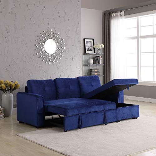 Velvet Storage Reversible Sectional Sofa bed Sleeper Velvet Chaise Storage Reversible Sofa Bed Sleeper Sectional, 91", Blue