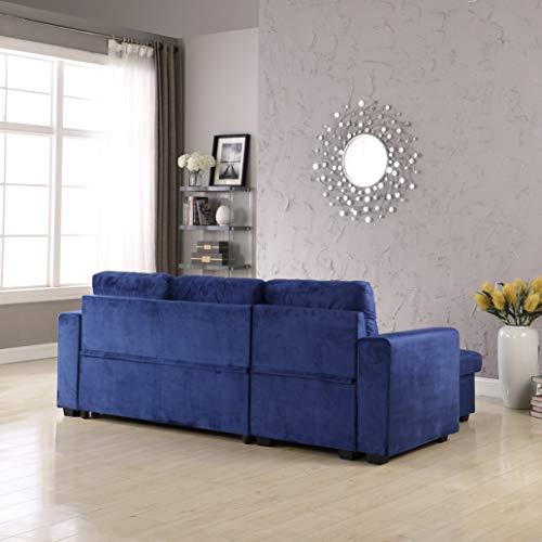 Velvet Storage Reversible Sectional Sofa bed Sleeper Velvet Chaise Storage Reversible Sofa Bed Sleeper Sectional, 91", Blue