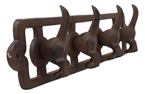 Ebros Cast Iron Whimsical Rustic Wagging Puppy Dog Tails 4 Pegs Quad Wall Hooks 13.75" Wide Hanger Dogs Themed Wall Mount Leash Coat Hat Keys Hook Decor Hanging Sculpture Plaque