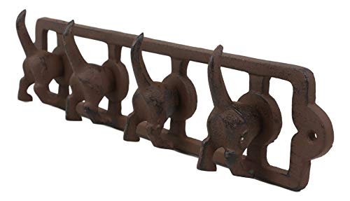 Ebros Cast Iron Whimsical Rustic Wagging Puppy Dog Tails 4 Pegs Quad Wall Hooks 13.75" Wide Hanger Dogs Themed Wall Mount Leash Coat Hat Keys Hook Decor Hanging Sculpture Plaque