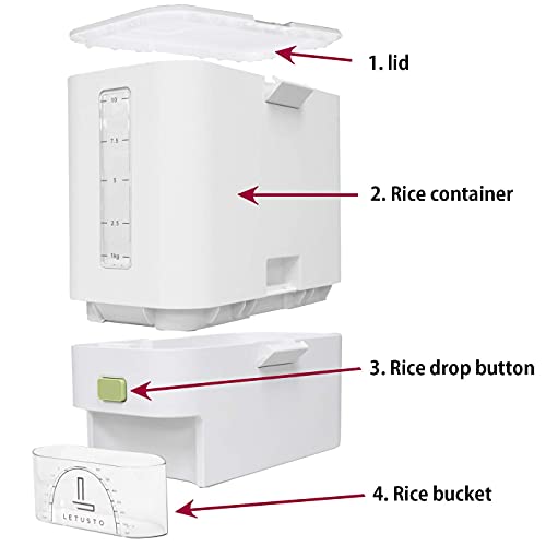 Letusto Rice Dispenser 26 LBS Pound Capacity - Rice Storage Dry Food Container Bin - Great Kitchen Organizer with Measurable Rice Cylinder