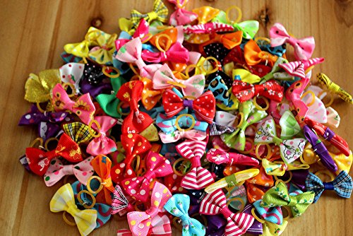 Masue Pets 50pcs in Pairs Dog Hair Bows with Rubber Bands Rhinestone Pearls Bows Bowknot Bows Dog Topknot Bows Cute Dog Hair