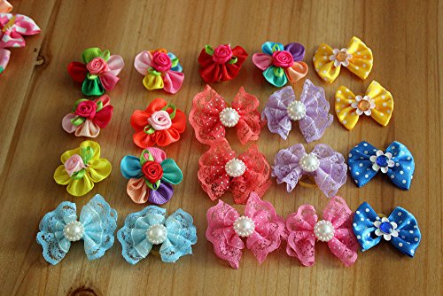 Masue Pets 50pcs in Pairs Dog Hair Bows with Rubber Bands Rhinestone Pearls Bows Bowknot Bows Dog Topknot Bows Cute Dog Hair