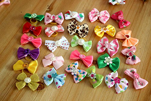 Masue Pets 50pcs in Pairs Dog Hair Bows with Rubber Bands Rhinestone Pearls Bows Bowknot Bows Dog Topknot Bows Cute Dog Hair