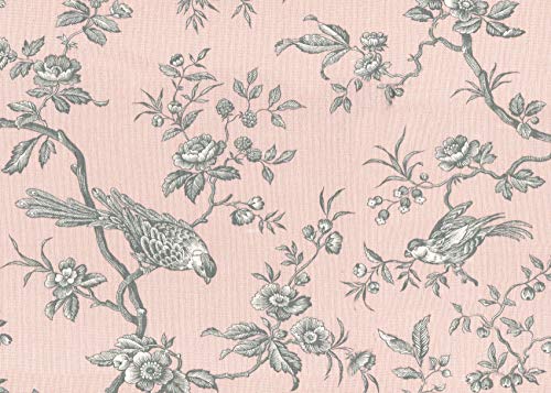 Textiles français The Regal Birds Fabric - Vintage Pastel Pink with Pewter and White | Double-Width 100% Cotton Designer Print | 110 inches Wide | Per Yard Length Increment*