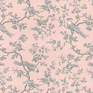 Textiles français The Regal Birds Fabric - Vintage Pastel Pink with Pewter and White | Double-Width 100% Cotton Designer Print | 110 inches Wide | Per Yard Length Increment*