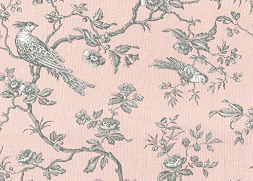 Textiles français The Regal Birds Fabric - Vintage Pastel Pink with Pewter and White | Double-Width 100% Cotton Designer Print | 110 inches Wide | Per Yard Length Increment*