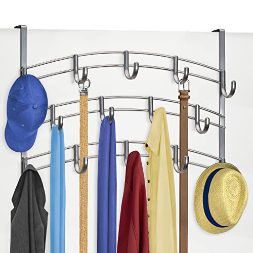 Lynk® Over Door Hook Rack - 14 Hook - Shirt, Belt, Hat, Coat, Towel, Purse, Bra Organizer - Platinum