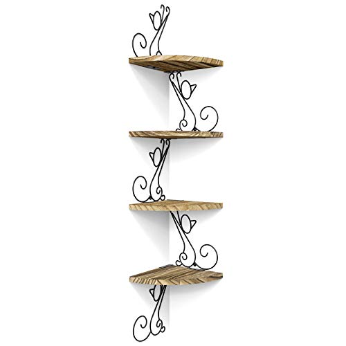 Alsonerbay Wall Mount Corner Shelves 4 Tier Floating Corner Storage Wood Shelves Decorative Rustic Radial Shelf in Cat Shape Carbonized Black