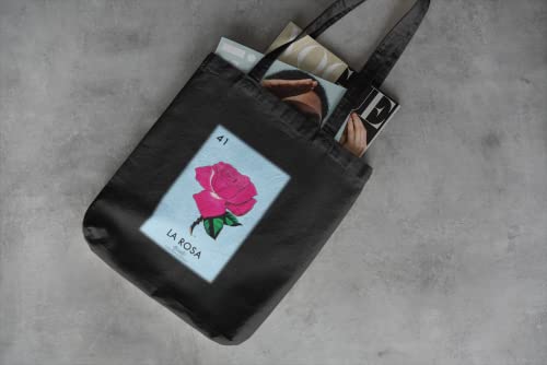 Pop Threads La Rosa Rose Loteria Card Mexican Bingo Black 15x15 inches Large Canvas Tote Bag