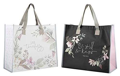 2 Religious Themed Inspirational Christian Tote Bags for Women | Live Thankfully, Be Still and Know Theme | Reusable Totes Set for Church Events, Bible Study, Lightweight Items