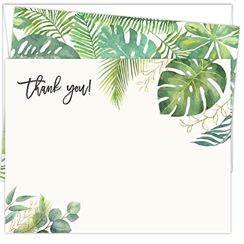 Koko Paper Co Tropical Palm Leaves Thank You Cards | 25 Flat Note Cards and Envelopes | Printed on Heavy Card Stock.