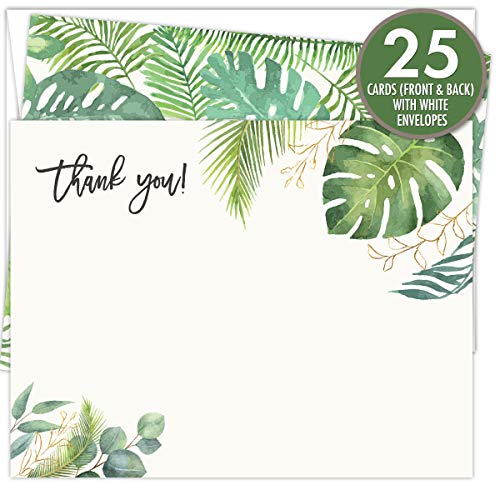 Koko Paper Co Tropical Palm Leaves Thank You Cards | 25 Flat Note Cards and Envelopes | Printed on Heavy Card Stock.