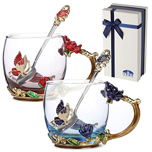 BTAT- Flower Tea Cup, Pack of 2, 11 Oz, Glass Tea Cup, Tea Glass, Flower Mug, Butterfly Tea Cup, Tea Cup Gift Sets for Women, Pretty Tea Cup, Unique Tea Cups, Mother's Day Gift