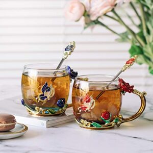 BTAT- Flower Tea Cup, Pack of 2, 11 Oz, Glass Tea Cup, Tea Glass, Flower Mug, Butterfly Tea Cup, Tea Cup Gift Sets for Women, Pretty Tea Cup, Unique Tea Cups, Mother's Day Gift