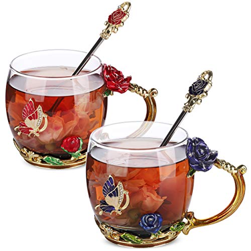 BTAT- Flower Tea Cup, Pack of 2, 11 Oz, Glass Tea Cup, Tea Glass, Flower Mug, Butterfly Tea Cup, Tea Cup Gift Sets for Women, Pretty Tea Cup, Unique Tea Cups, Mother's Day Gift