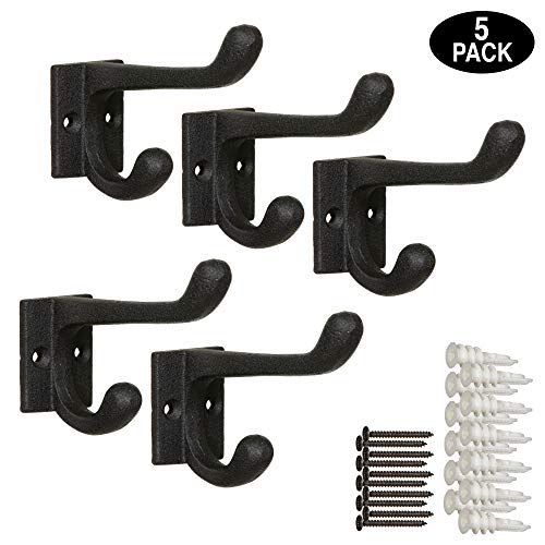 Claimed Corner Cast Iron Coat Hooks - Wall Mounted Rustic Farmhouse Matte Black Cast Iron DIY Coat Towel Hat Scarf Bags Hook 5-Pack