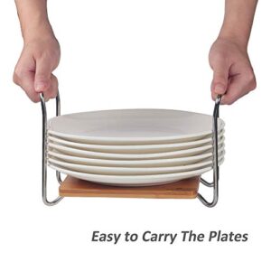 E-ROOM TREND Dish Holder SS304 Small&Large Square Total 2 Pack for 6" to 13" Plates Organizer Upgrade Thicken Bamboo Adjustable Size Easy Carried Handles Storage Rack for RV Cabinets Shelf (A018)