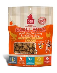 plato small bites natural training dog treats - real meat - grain free - made in the usa - organic chicken flavor, 6 ounces
