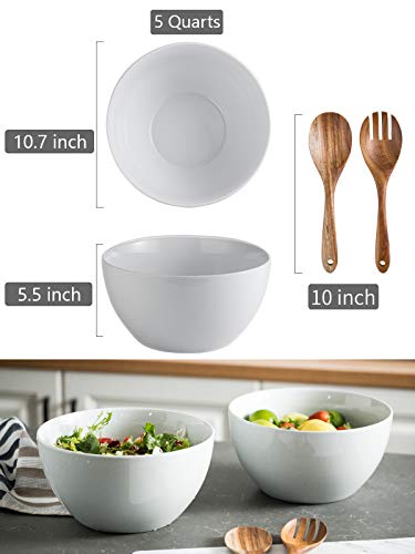 LAUCHUH 5 Quarts Porcelain Serving Bowl for Salad 10.7" Extra Large Serving Deep Bowl with Salad Spoon Set, 3 Pcs