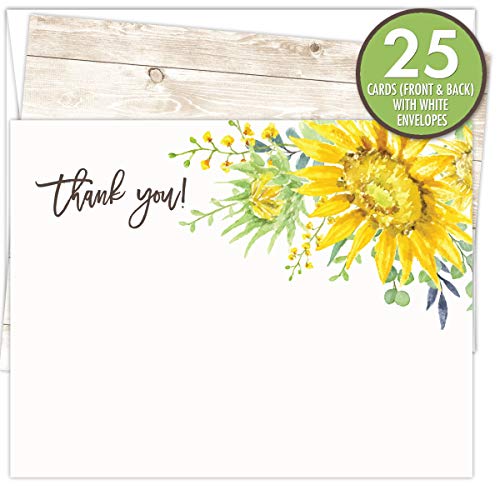 Koko Paper Co Sunflower Thank You Cards | 25 Flat Note Cards and Envelopes | Printed on Heavy Card Stock.