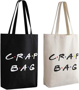 friends show crap bag, 2 pack large canvas reusable grocery tote bags white and black craft canvas bag