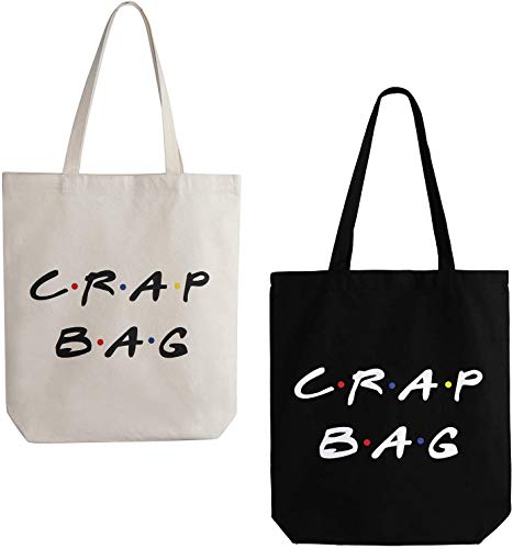 Friends Show Crap Bag, 2 Pack Large Canvas Reusable Grocery Tote Bags White and Black Craft Canvas Bag