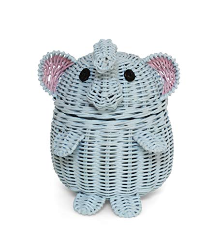 G6 COLLECTION Elephant Rattan Storage Basket With Lid Decorative Bin Home Decor Hand Woven Shelf Organizer Cute Handmade Handcrafted Nursery Gift Animal Decoration Wicker Elephant (Small, Blue)