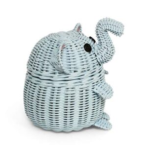 G6 COLLECTION Elephant Rattan Storage Basket With Lid Decorative Bin Home Decor Hand Woven Shelf Organizer Cute Handmade Handcrafted Nursery Gift Animal Decoration Wicker Elephant (Small, Blue)