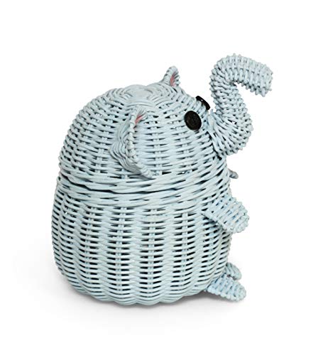 G6 COLLECTION Elephant Rattan Storage Basket With Lid Decorative Bin Home Decor Hand Woven Shelf Organizer Cute Handmade Handcrafted Nursery Gift Animal Decoration Wicker Elephant (Small, Blue)